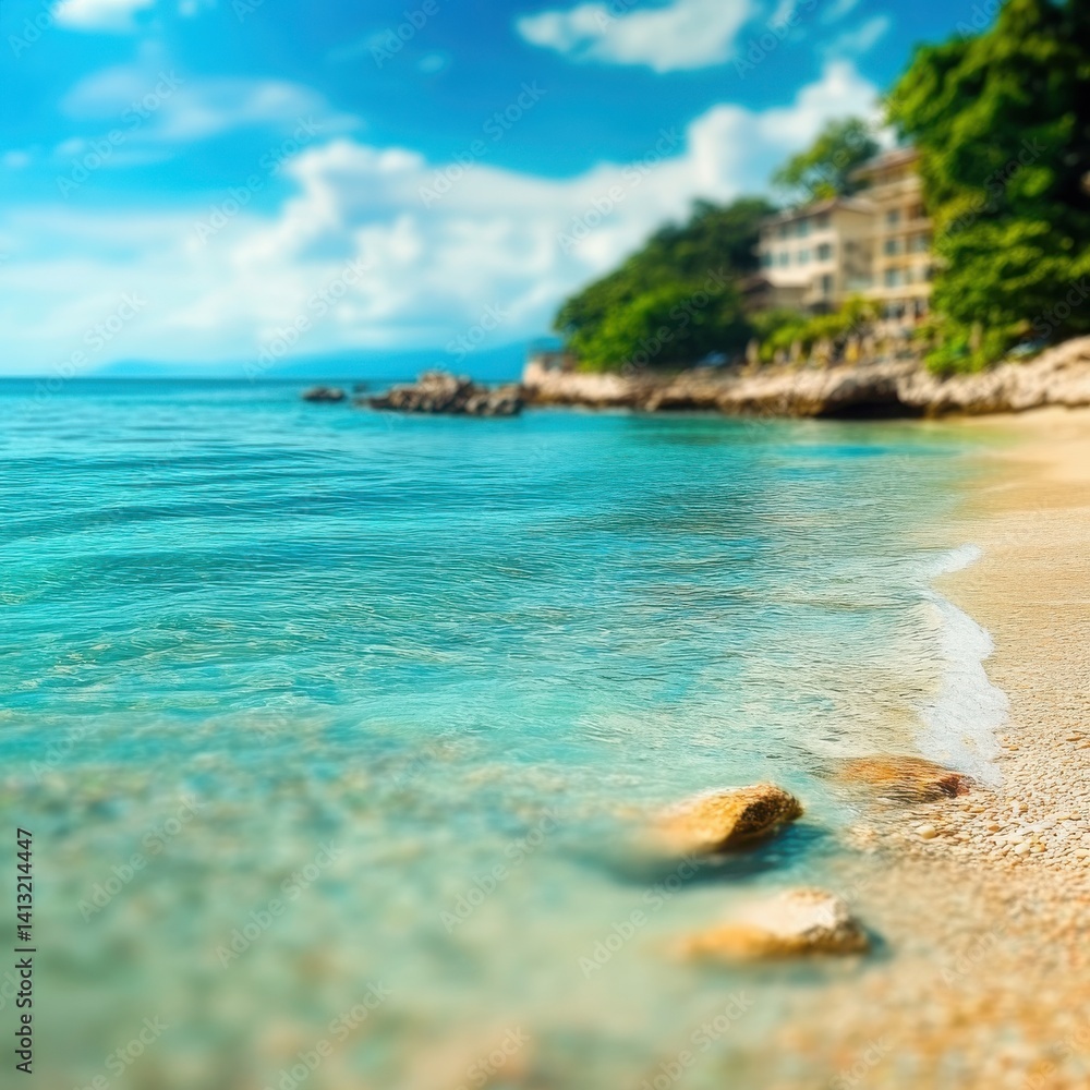Fototapeta premium A view of turquoise water meeting a sandy beach on a sunny day by the coast
