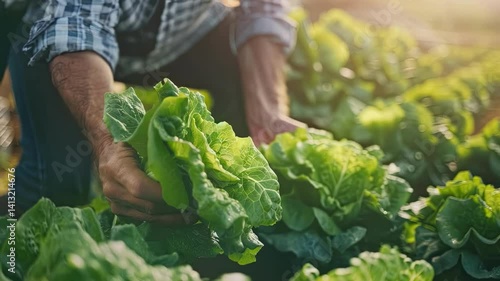 a farmer collects lettuce. Selective focus