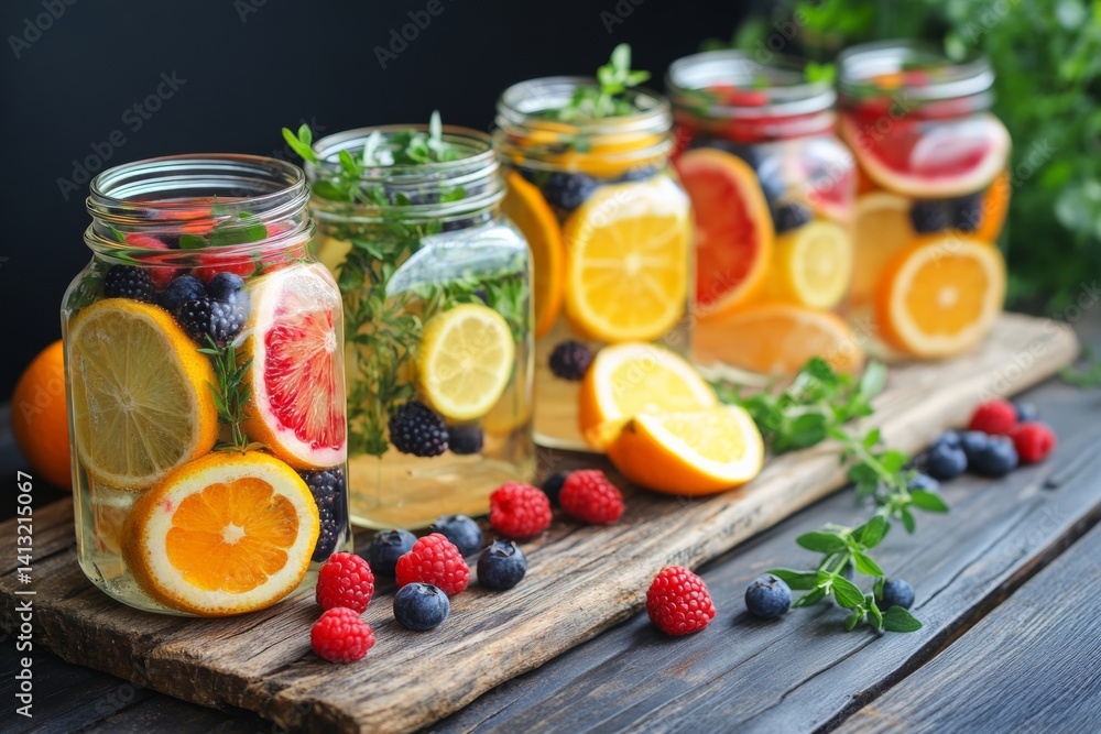 Rustic table displays jars filled with infused water featuring vibrant citrus slices, berries, and fresh herbs, creating a refreshing and colorful drink setup perfect for gatherings Rustic table displays jars filled with infused water featuring vibrant citrus slices, berries, and fresh herbs, creating a refreshing and colorful drink setup perfect for gatherings