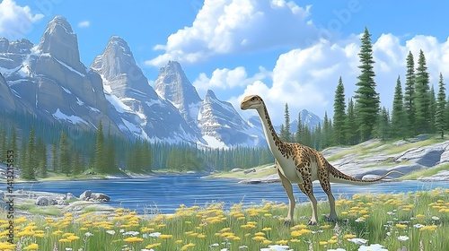 Obraz na płótnie Dinosaur in mountain lake meadow w salonie