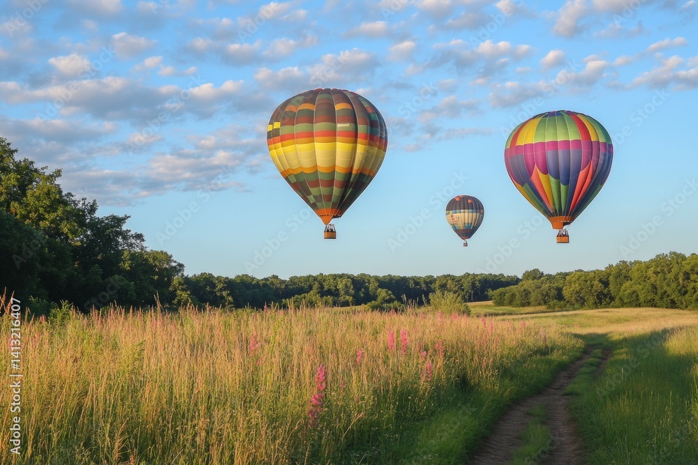 Obraz premium Colorful hot air balloons float gracefully in a clear summer sky above a picturesque meadow. The vibrant landscape features tall grass and blooming flowers, creating a serene atmosphere