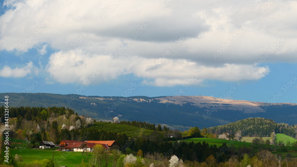 Fototapeta premium Blick auf den Hochwechsel über das Oststeirisches Hügelland 