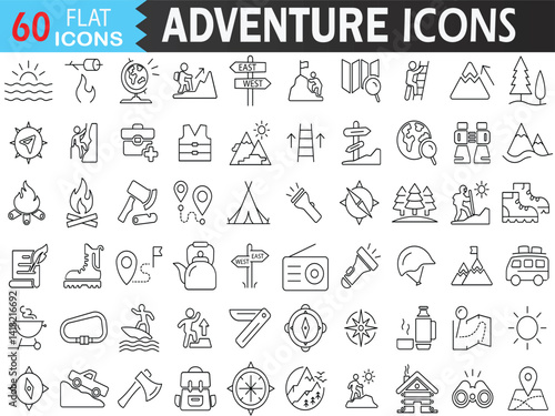 Adventure Line Icon Set — Includes Climbing, Hiking, Mountains, Camping, Navigation, and More. Thin Stroke Vector Collection for Illustrator. Editable Stroke