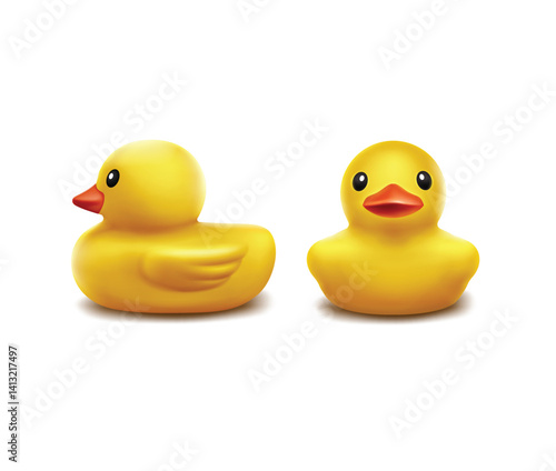 Duck isolated on transparent background. Yellow bath baby rubber toy. Vector 3d bathtub kid game element template