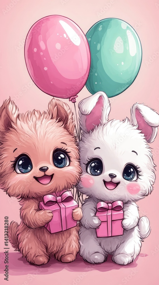 Obraz premium Adorable Cartoon Puppies and Bunny with Gifts and Balloons: Cute and Joyful Birthday Celebration Art