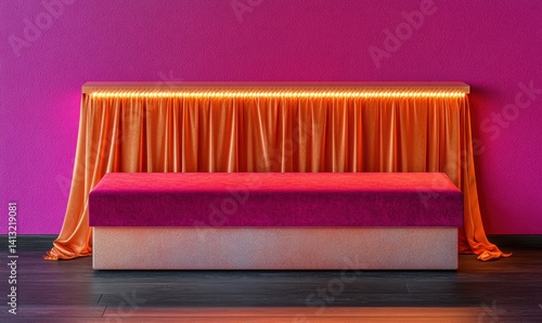 Pink velvet bench with orange drapes, illuminated, minimalist interior, product display