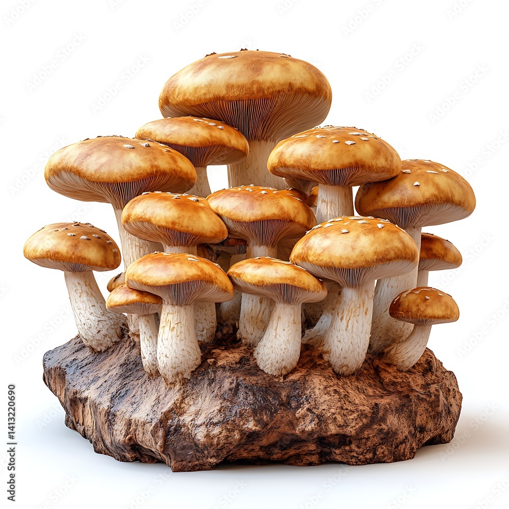 Forest Floor Mushrooms: A cluster of beautiful, healthy, brown mushrooms flourishes on a small wooden piece. The intricate details of the forest floor make it captivating to view. Forest Floor Mushrooms: A cluster of beautiful, healthy, brown mushrooms flourishes on a small wooden piece. The intricate details of the forest floor make it captivating to view.