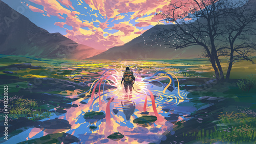A traveler walks through reflective water in a fantasy landscape surrounded by glowing lights surreal colors and distant mountains at sunset, digital art style, illustration painting