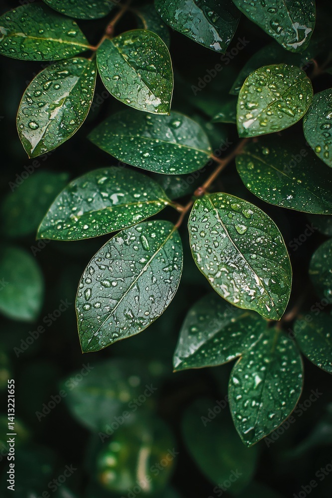 Fototapeta premium Close-up of green leaves with water droplets after rain on a sunny day