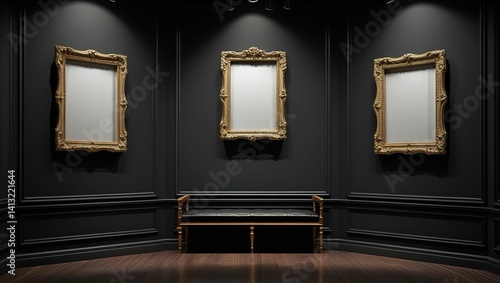  Antique art gallery frame on royal black wall in auction house or museum, exhibition blank template with white blank copy space for artwork concept mockup design