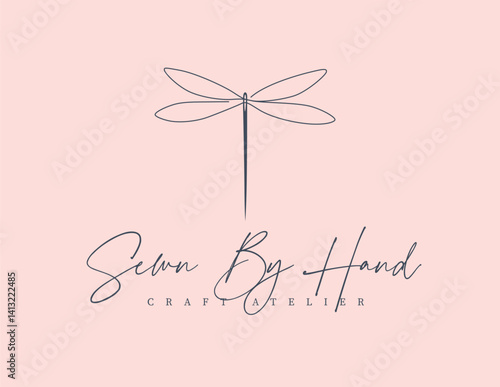 Needle sew by hand craft atelier label in minimalist linear art style on pastel color background