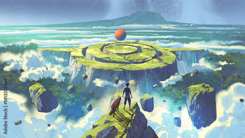 Fototapeta premium A man and a wolf stand on a cliff overlooking a surreal floating island with a circular path and a glowing orb in the distance, digital art style, illustration painting