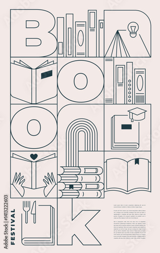 Book fair poster for advertising. Vertical poster for book fair with different books. Advertising template for bookstore, bookshop, library.