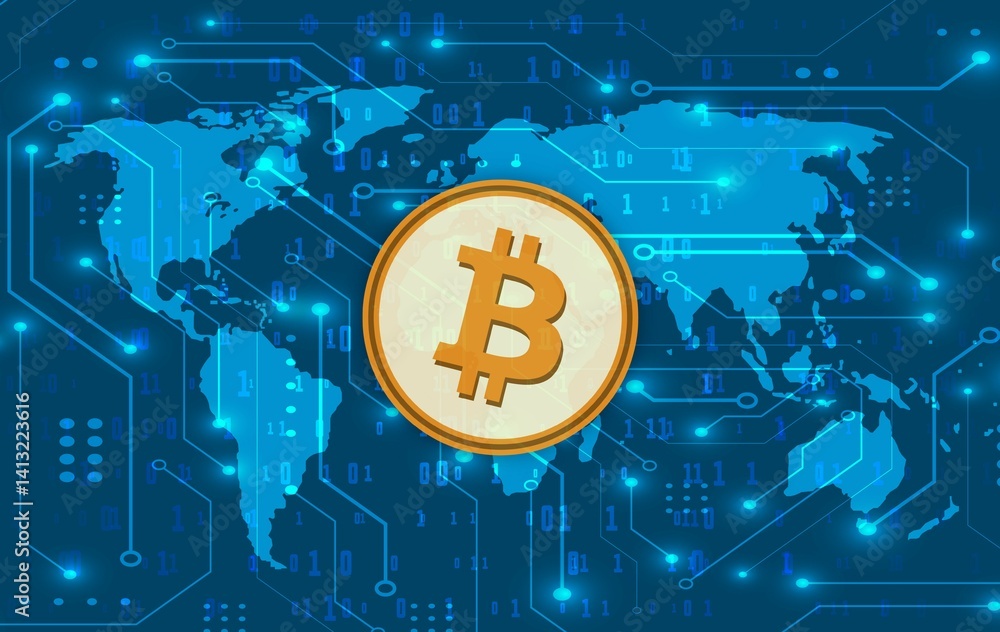 images of the bitcoin-btc logo on a digital background. 3d illustrations.
