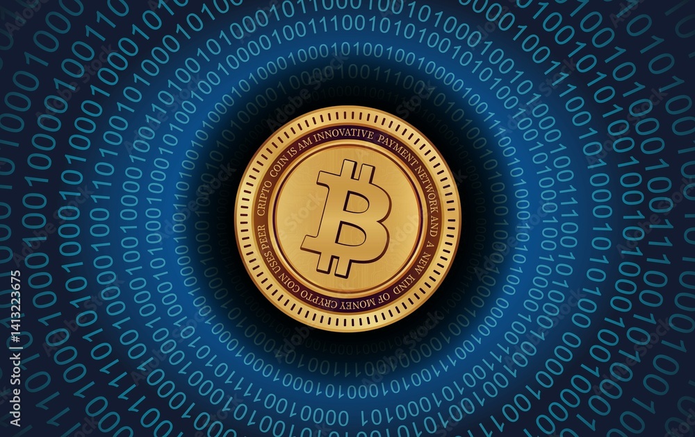 images of the bitcoin-btc logo on a digital background. 3d illustrations.