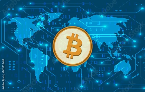 Obraz na płótnie images of the bitcoin-btc logo on a digital background. 3d illustrations. w salonie