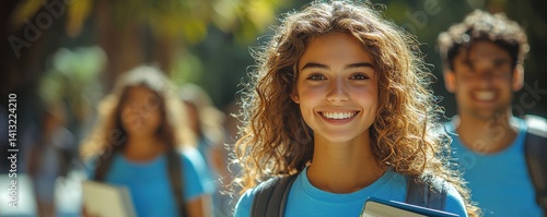 Smiling students joyfully walking outdoors together on a sunny day