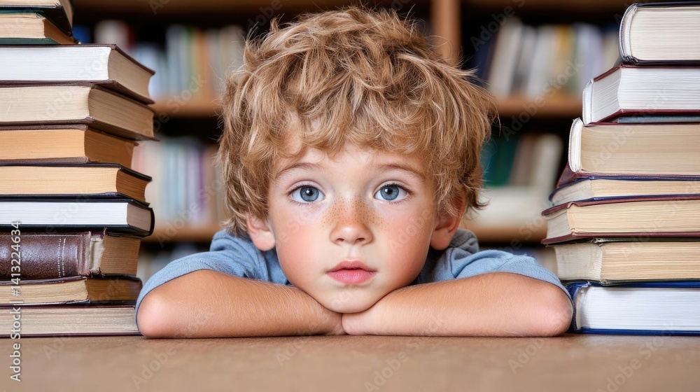 Curious boy surrounded by books education reading and childhood Curious boy surrounded by books education reading and childhood