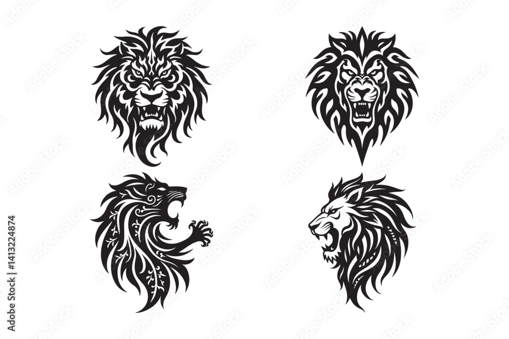 Obraz premium Tribal Lion Head Vector Silhouettes Tattoo and Logo Designs
