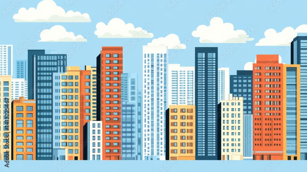 Colorful City Skyline with Cloudy Sky and Modern Architecture Colorful City Skyline with Cloudy Sky and Modern Architecture