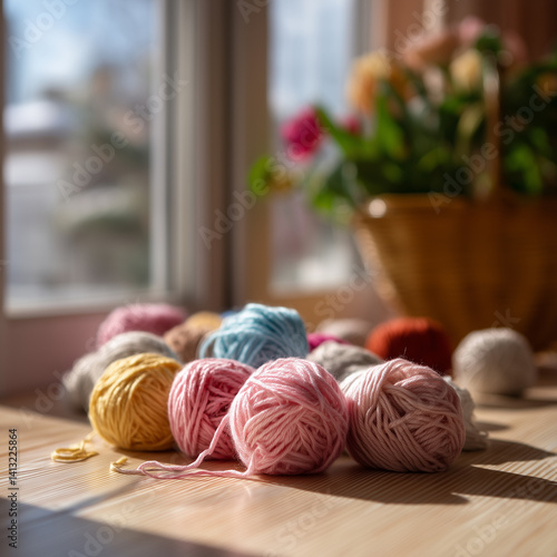 Balls of yarn on a table against a window. Home comfort, hobby, knitting