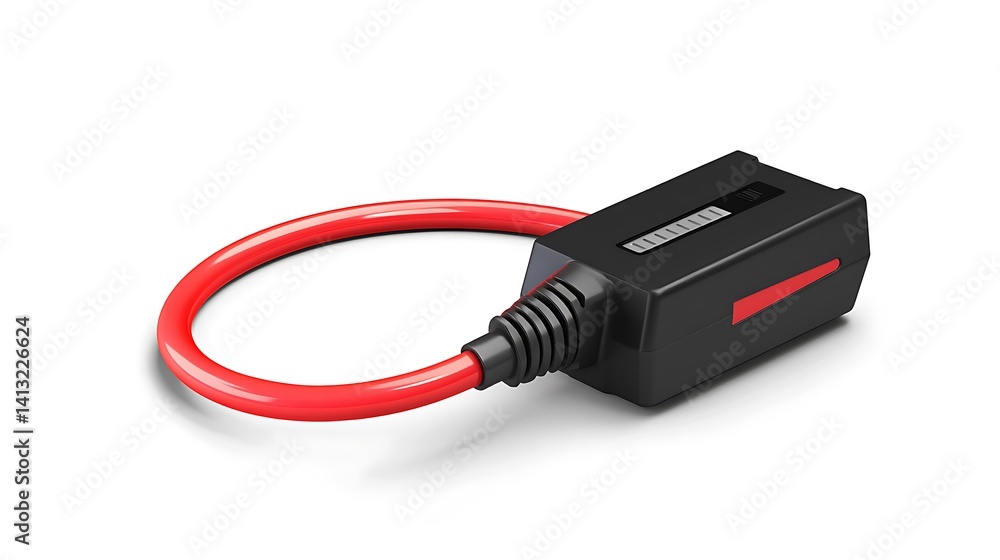 Red cable with black power adapter. Red cable with black power adapter.