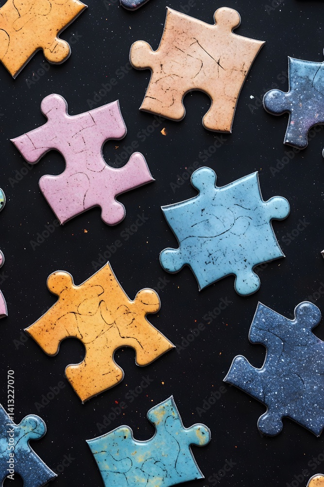 Colorful Jigsaw Puzzle Pieces on Black Background Abstract Art Colorful Jigsaw Puzzle Pieces on Black Background Abstract Art