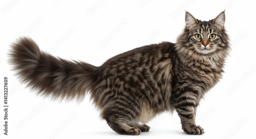 Obraz premium Norwegian Forest cat standing playfully on a white background with copy space