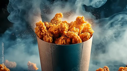 Crispy Fried Chicken in a Takeout Box Surrounded by Smoke Effect