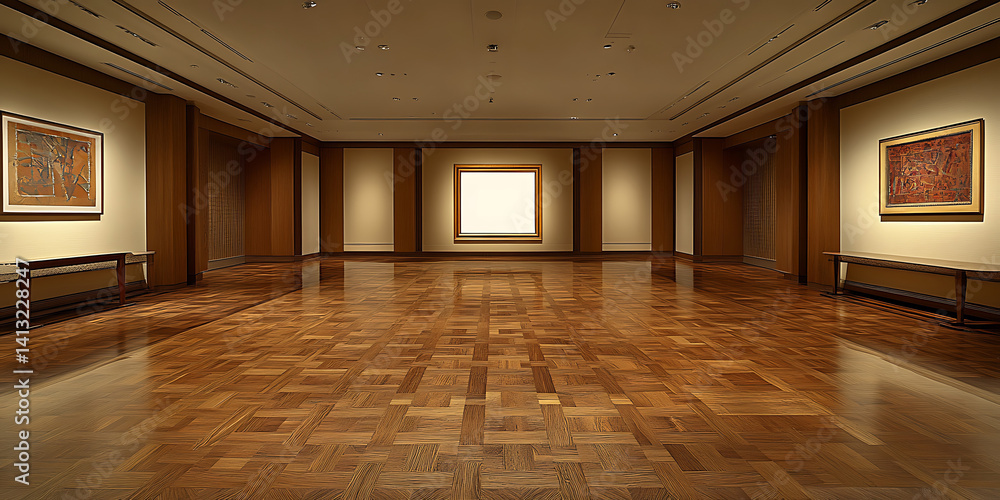 Fototapeta premium Empty art gallery featuring wooden floors lit walls and framed paintings A quiet spacious atmosphere.