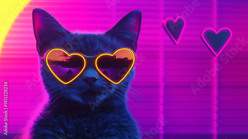 Black cat wearing neon heart sunglasses on retrowave background