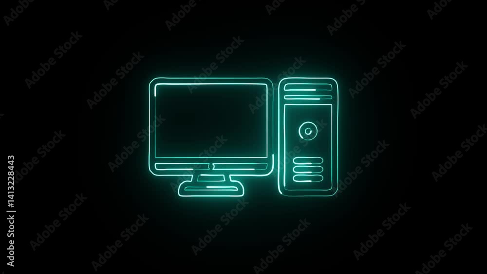 glowing neon computer icon isolated, black background, HD video motion graphic animation glowing neon computer icon isolated, black background, HD video motion graphic animation