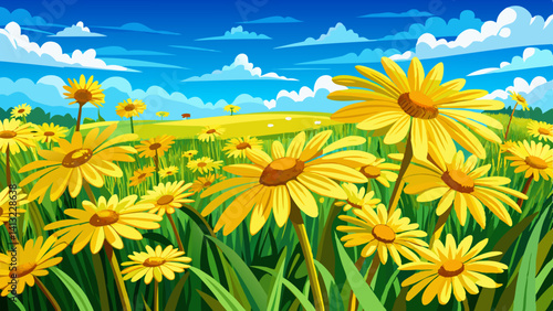 Champ de marguerites sauvages de couleur jaune soleil avec ciel bleu