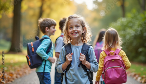 Smiling students walking along path in autumn park with backpacks among colorful autumn leaves