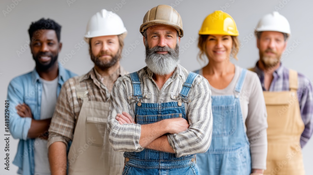 Group of construction workers are posing for a photo. They are all wearing hard hats and blue overalls Group of construction workers are posing for a photo. They are all wearing hard hats and blue overalls
