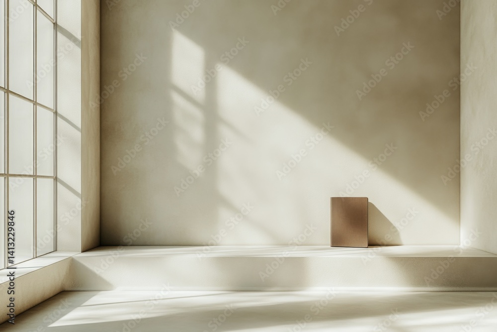 Empty modern bathroom with beige tiles and sunlight through window Empty modern bathroom with beige tiles and sunlight through window