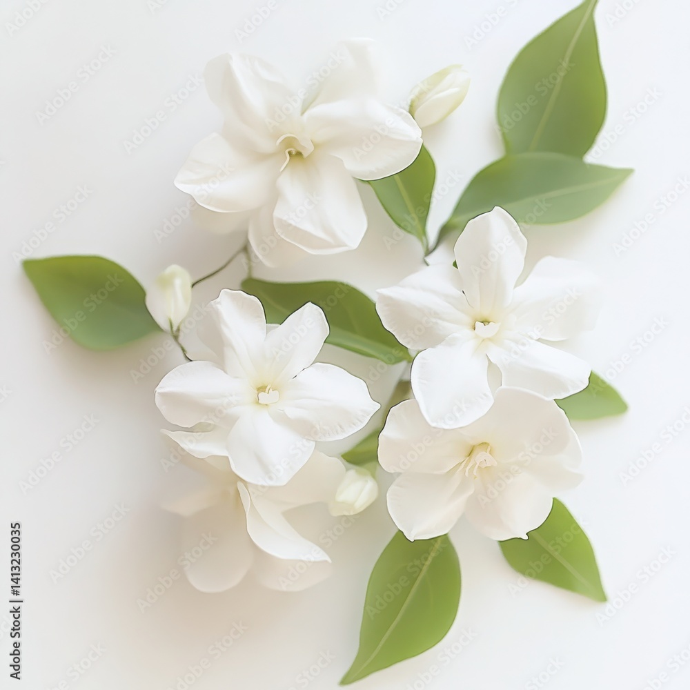 Fototapeta premium Arrangement of white jasmine flowers with green leaves on a white background