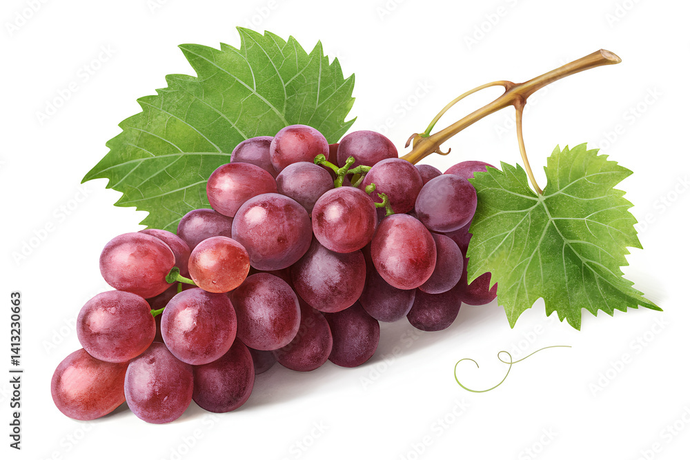 Fototapeta premium Fresh Green Grapes with Leaf on White Background – Organic Fruit, Realistic 3D Render