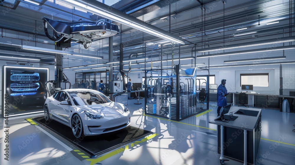 Obraz premium Electric vehicle battery research lab with engineers.
