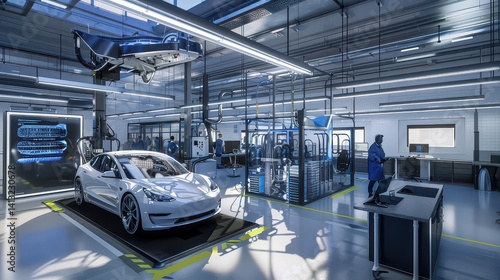 Electric vehicle battery research lab with engineers. 