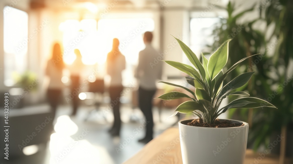 Plant in Office with Blurred People Collaborating in Background Plant in Office with Blurred People Collaborating in Background