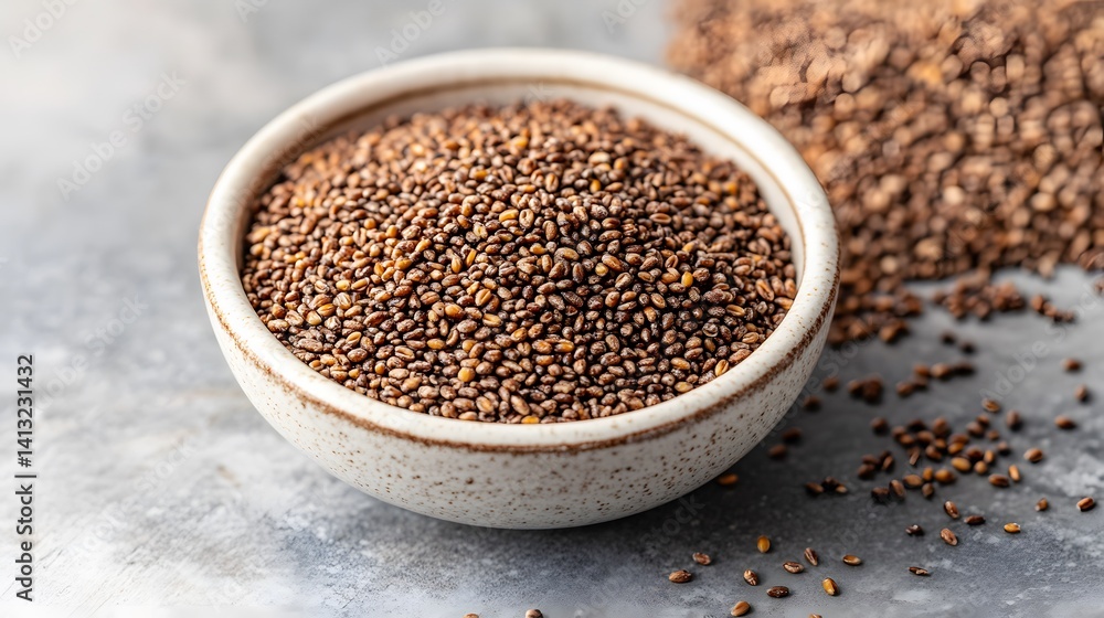 Healthy Brown Chia Seeds in Bowl, Superfood Grains, Dietary Fiber Healthy Brown Chia Seeds in Bowl, Superfood Grains, Dietary Fiber