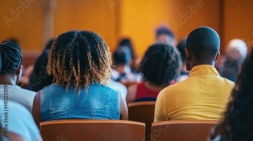 Diverse audience attentively listens during a presentation.