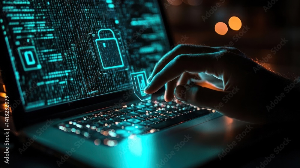 Person using laptop at night with glowing code Person using laptop at night with glowing code