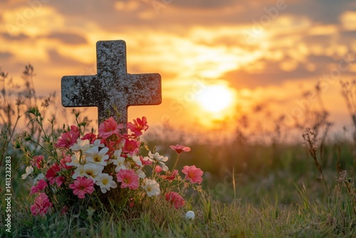 Grave with flowers during sunset in peaceful countryside cemetery