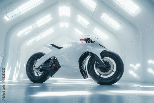 White futuristic motorcycle on display in clean showroom
