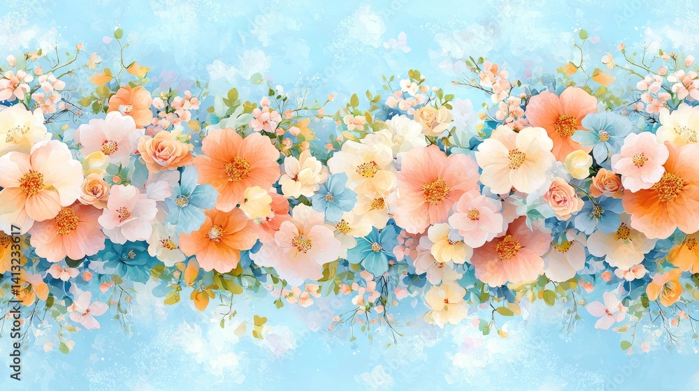 custom made wallpaper toronto digitalPastel watercolor floral seamless pattern delicate pink peach white blossoms soft blue background romantic feminine design textile wallpaper print