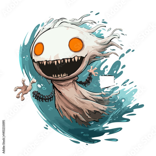 Vector illustration of a bouncy banshee with springy movements and sonic waves, cartoon ghost