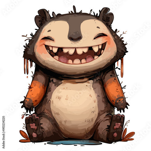 Vector illustration of a chubby chupacabra with a round belly and tiny fangs, cute cryptid