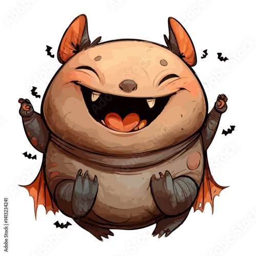 Vector illustration of a chubby chupacabra with a round belly and tiny fangs, cute cryptid